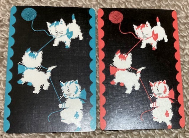 Playing Swap Cards  2 only single VINTAGE THREE KITTENS PLAYING WITH WOOL