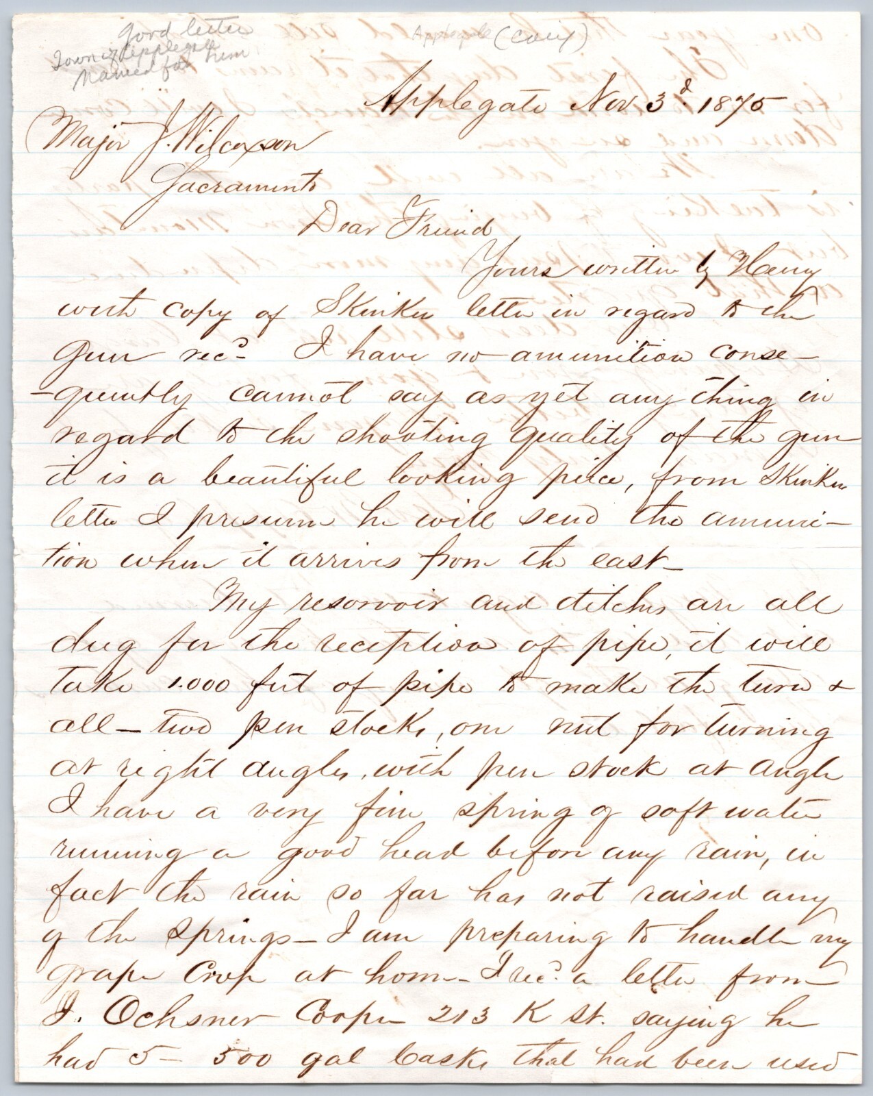 1875 letter APPLEGATE CALIFORNIA GEORGE APPLEGATE 2 MAJOR WILCOXSON SACRAMENTO