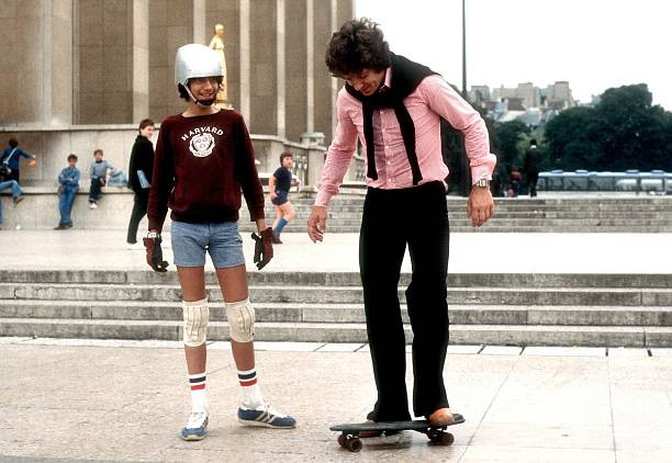 Michael Schanze and young skateboarder on vacation in Paris France 1978 Photo