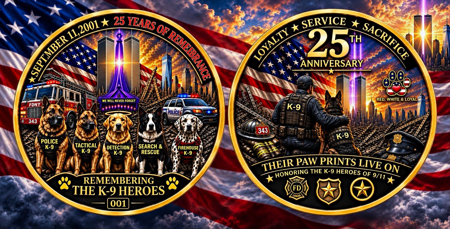 9/11 K-9 Hero Remembered 25th Anniversary Challenge Coin. Limited availability 9/11 K-9 Hero Remembered 25th Anniversary Challenge Coin. Limited availability