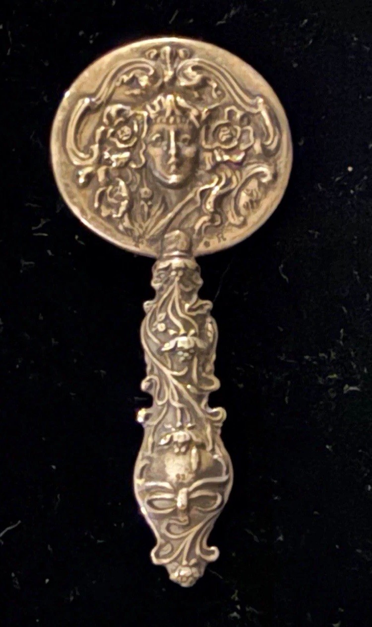 Antique Art Nouveau Sterling Silver Mini Hand Mirror, Lady's Face, Signed, 5.5” Antique Art Nouveau Sterling Silver Mini Hand Mirror, Lady's Face, Signed, 5.5”