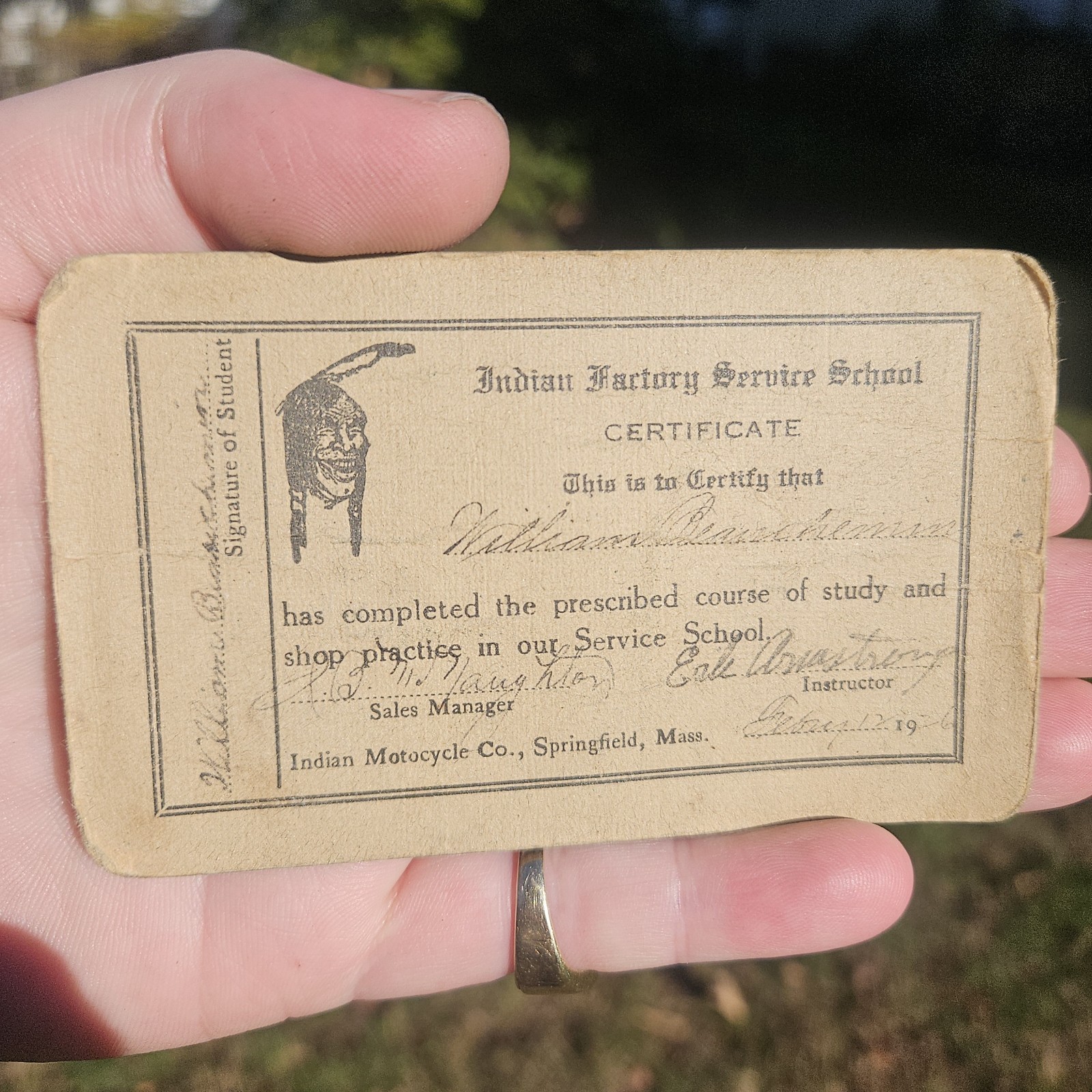 Rare 1926 Indian Motorcycle  Factory Service School Card