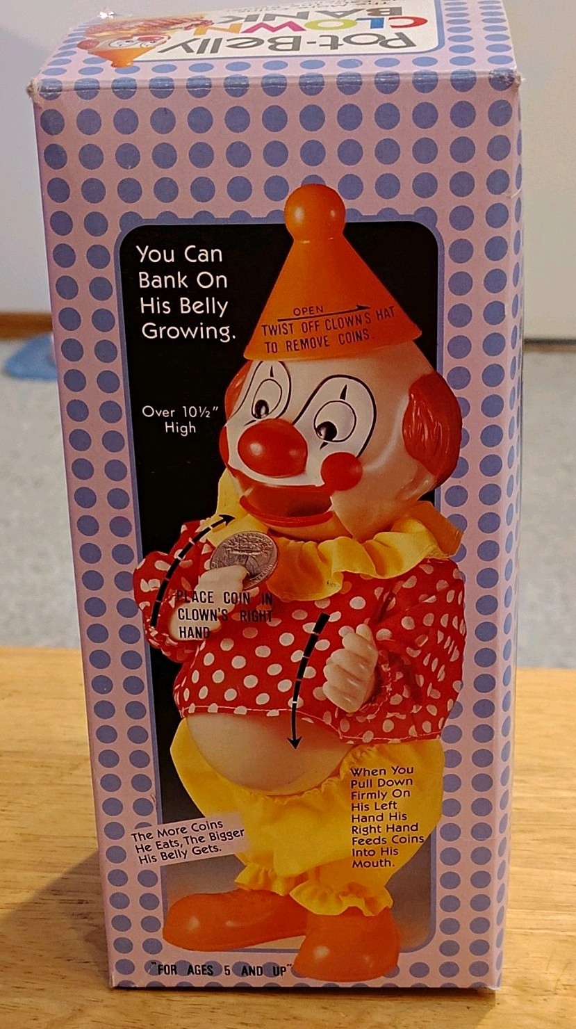 Vintage JSNY Pot Belly Clown Mechanical Coin Bank New In Box 1980s 10.5\