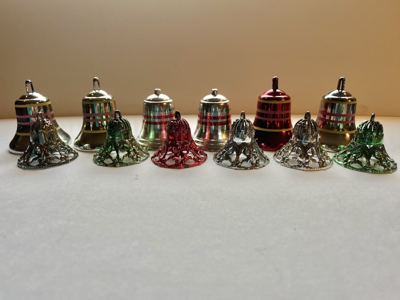 Vintage Bradford Plastic Ornaments Bells Stripe & Filagree Vintage Bradford Plastic Ornaments Bells Stripe & Filagree