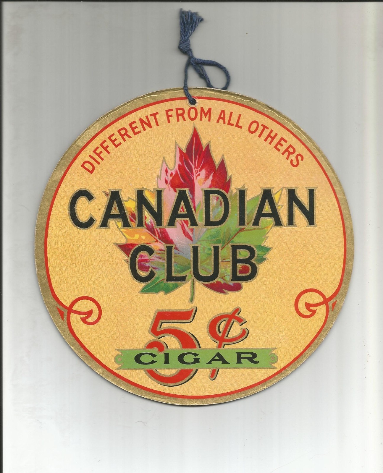 Original CANADIAN CLUB 5¢ CIGAR Double Sided Hanging Cardboard Sign 1930s NOS
