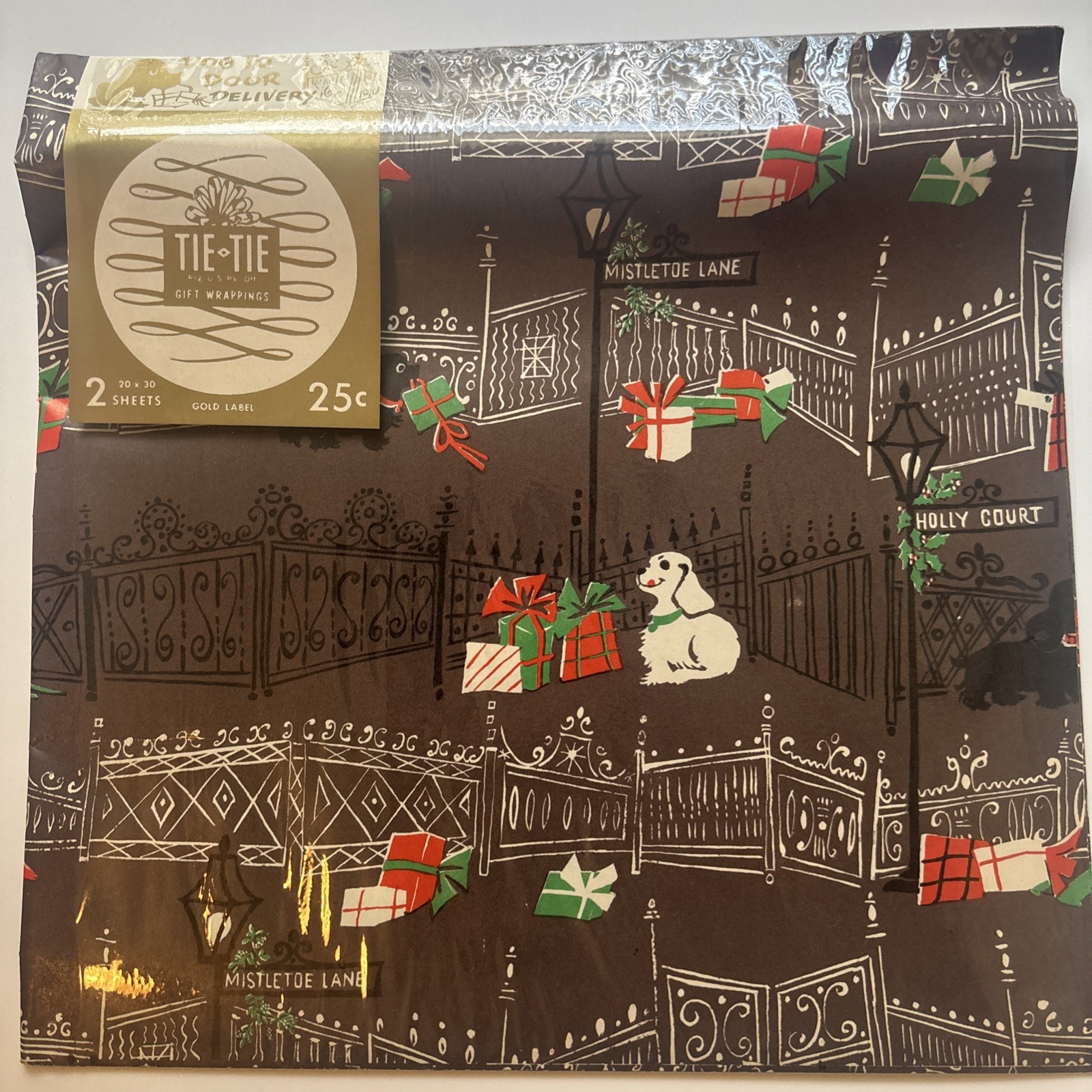 Vtg Tie Tie Christmas Wrapping Paper Special Delivery Dogs Cat Mistletoe Lane 2s
