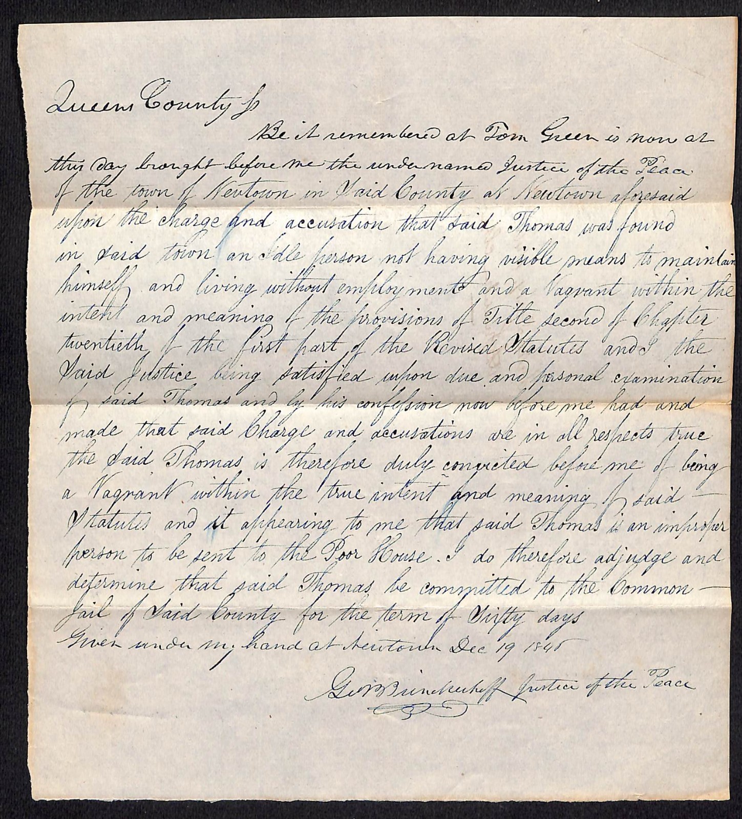 1845 Newtown L.I. N.Y.* Trial Court Document Geo. B. Brinckerhoff - Vagrancy