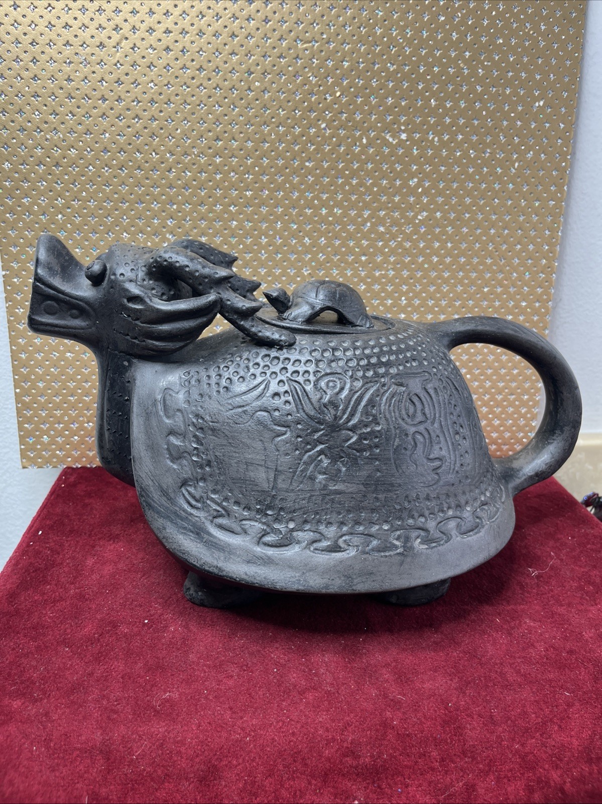 Vintage Yixing Dragon with Turtle Lid Pottery Teapot With Bottom Stamp 4 Feet Vintage Yixing Dragon with Turtle Lid Pottery Teapot With Bottom Stamp 4 Feet
