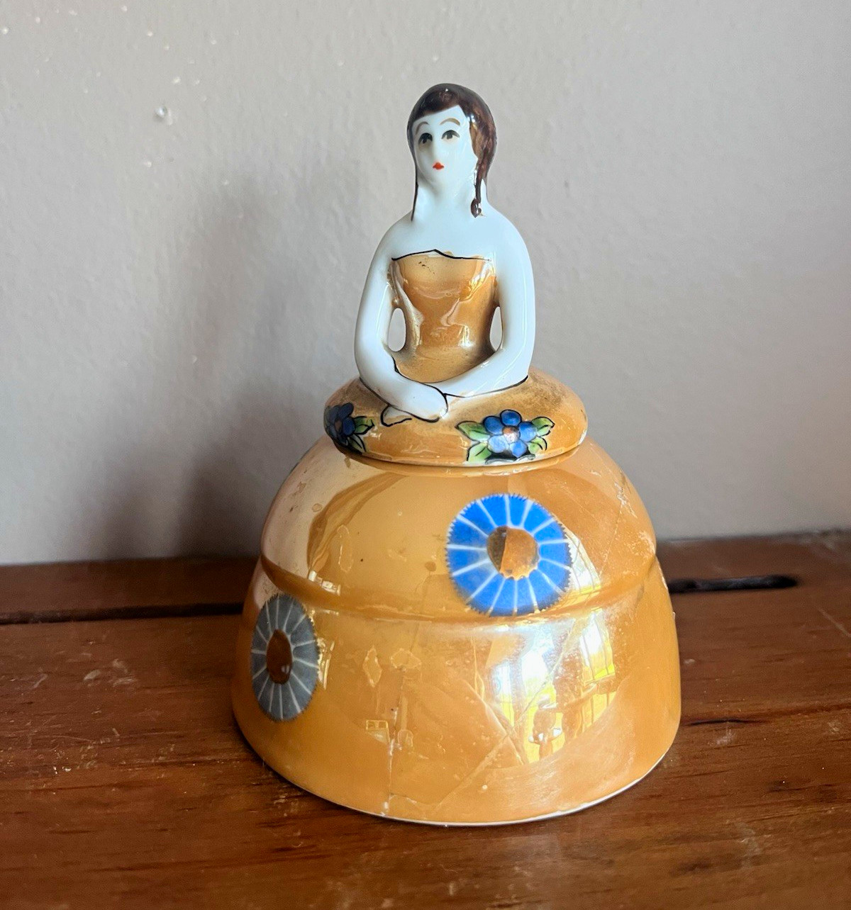 Noritake Art Deco Gold Luster Ink Well Figural Dresser Doll Girl Trinket Box Noritake Art Deco Gold Luster Ink Well Figural Dresser Doll Girl Trinket Box
