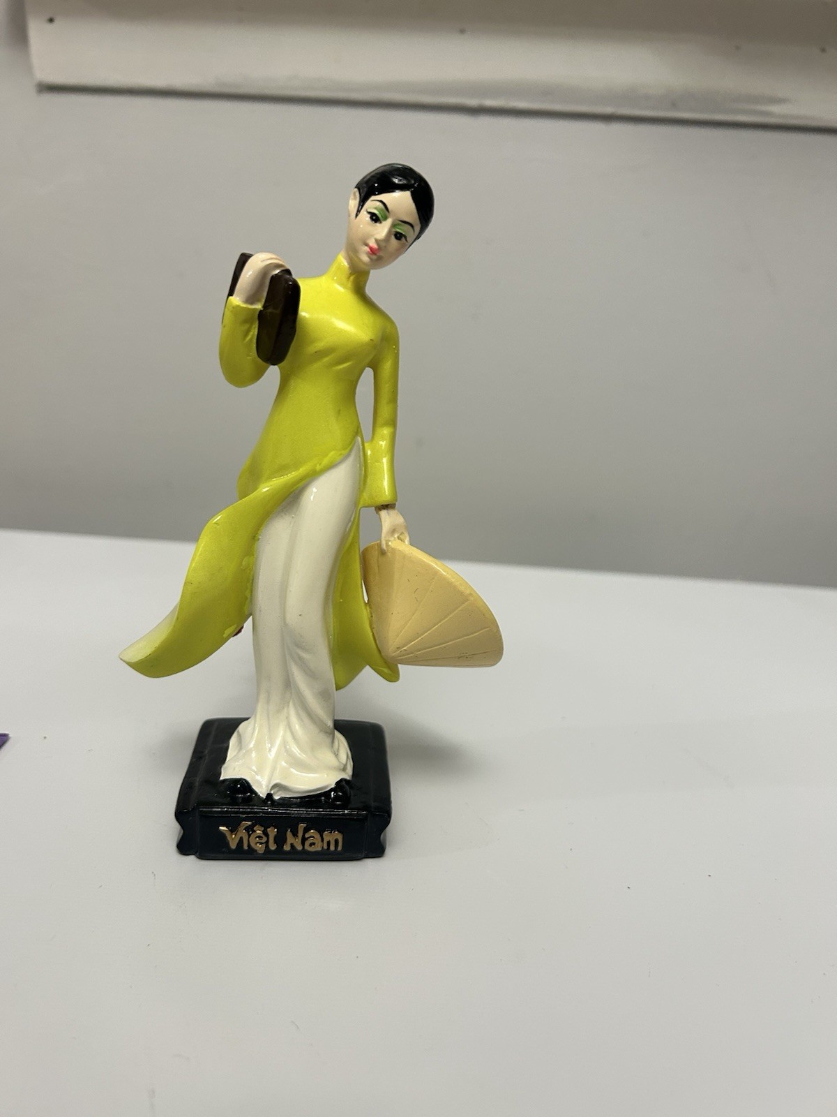 Vintage Ceramic Vietnamese Lady Figurine Hand Painted Detail Yellow