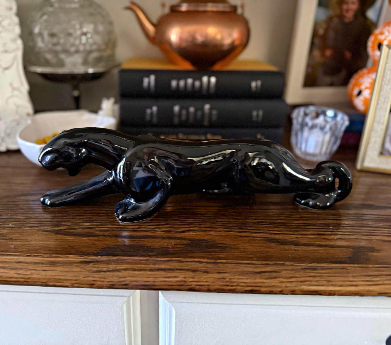 Vintage MCM prowling black panther glossy ceramic sculpture w/ original sticker