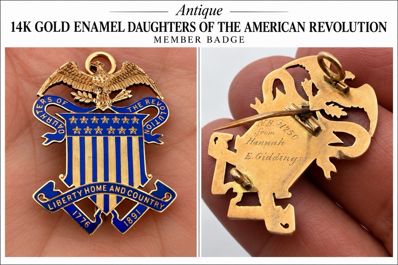 Antique 14K Gold Enamel DAR Daughters of American Revolution Badge Circa 1891
