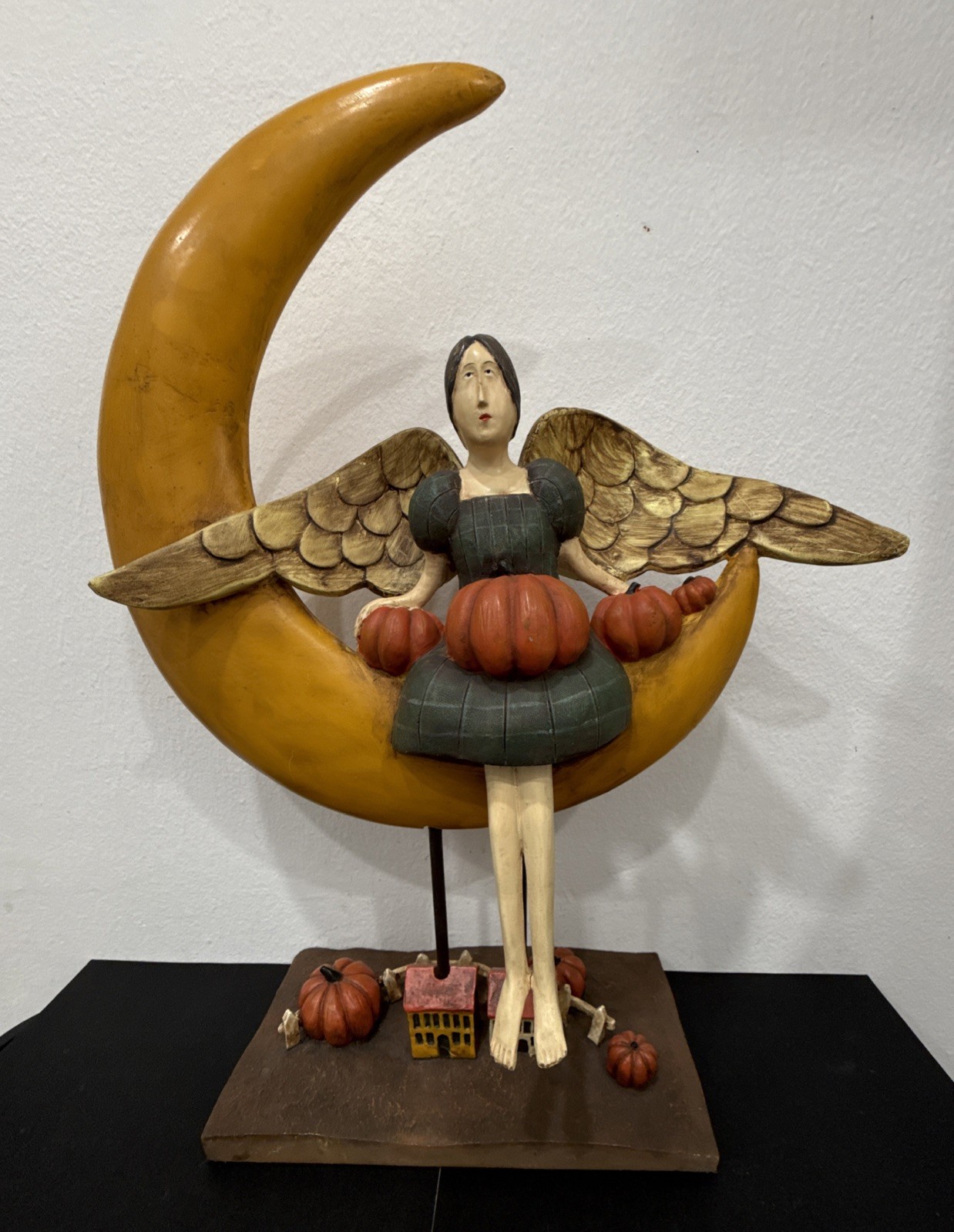 Vtg David Harden Folk Art Barefoot Angel 14” Sculpture Moon Pumpkins Autumn EUC