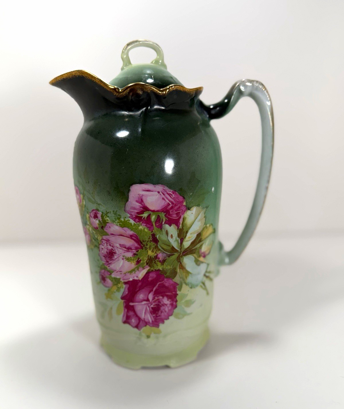 Antique Unger & Schilde Three Crown China Germany Chocolate Pot Pink Roses Antique Unger & Schilde Three Crown China Germany Chocolate Pot Pink Roses