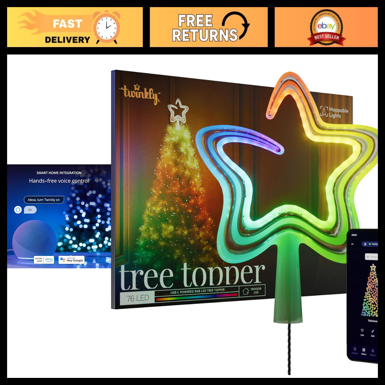Smart LED RGB Christmas Star Tree Topper - App Controlled, USB-C, 76 Multi-Color