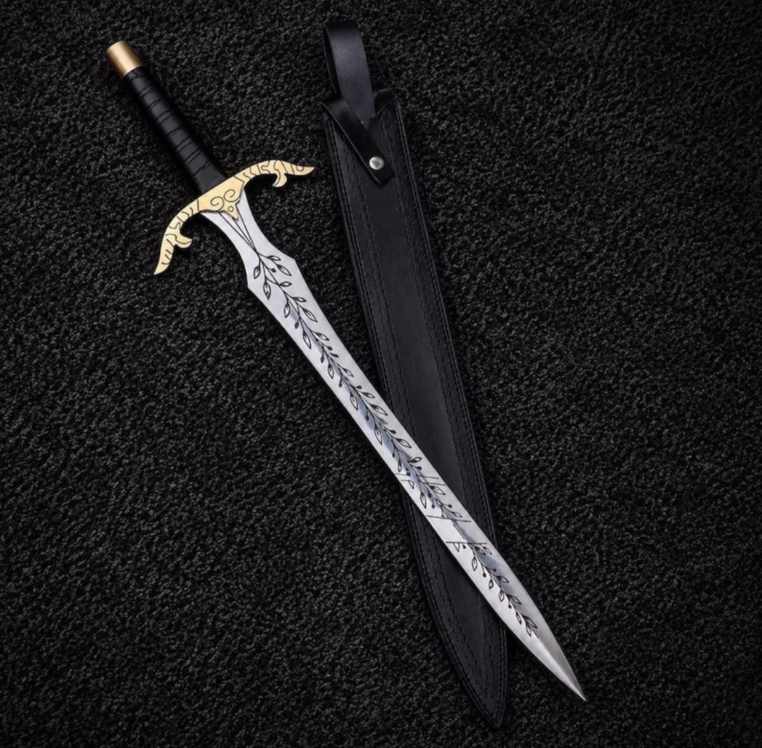 Hand Forged Elven Fantasy Sword,Vine Engraved Blade,Silver Hilt & Leather Sheath