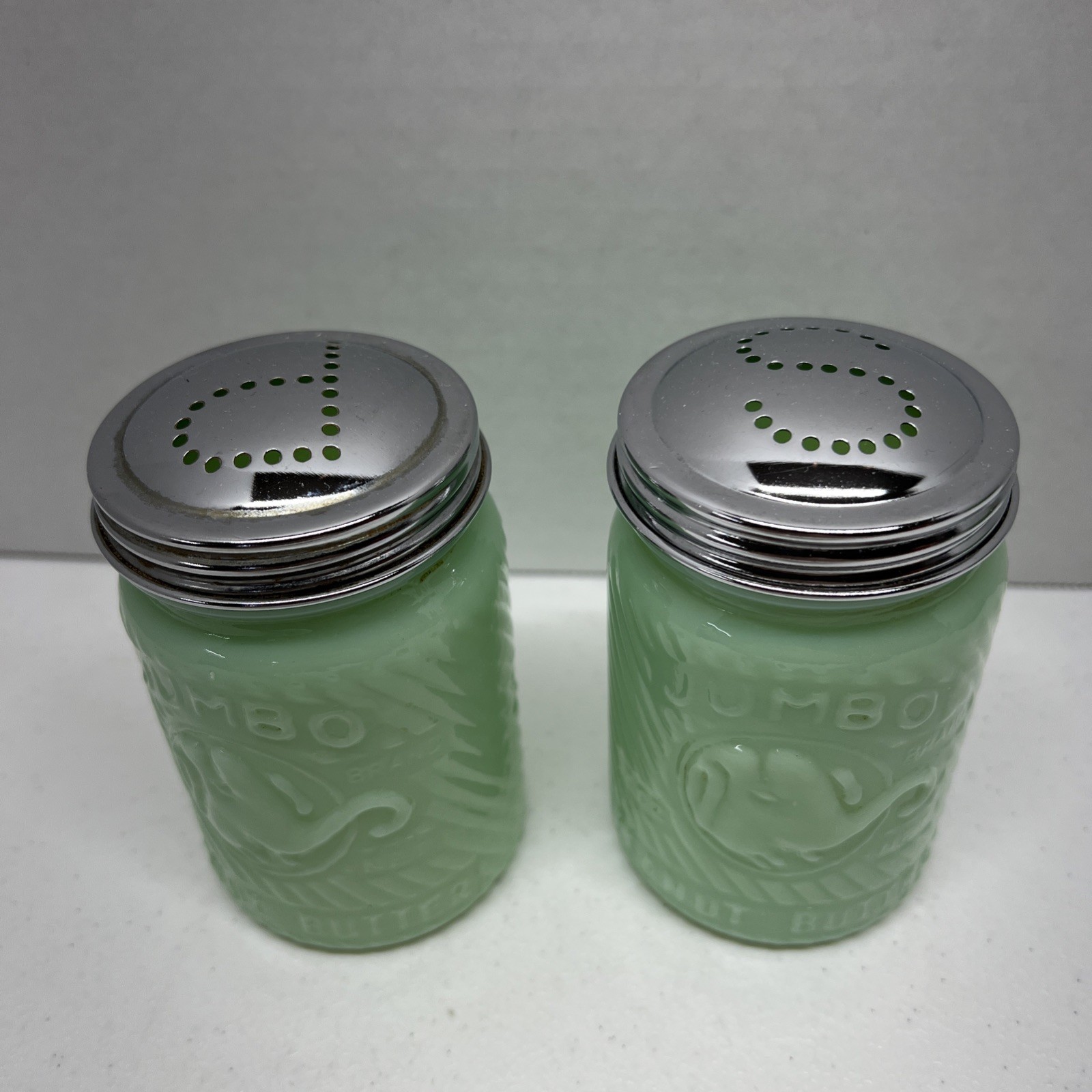 Vintage Jumbo Peanut Butter Jadite Glass Salt Pepper Shakers Elephant Frank Tea Vintage Jumbo Peanut Butter Jadite Glass Salt Pepper Shakers Elephant Frank Tea