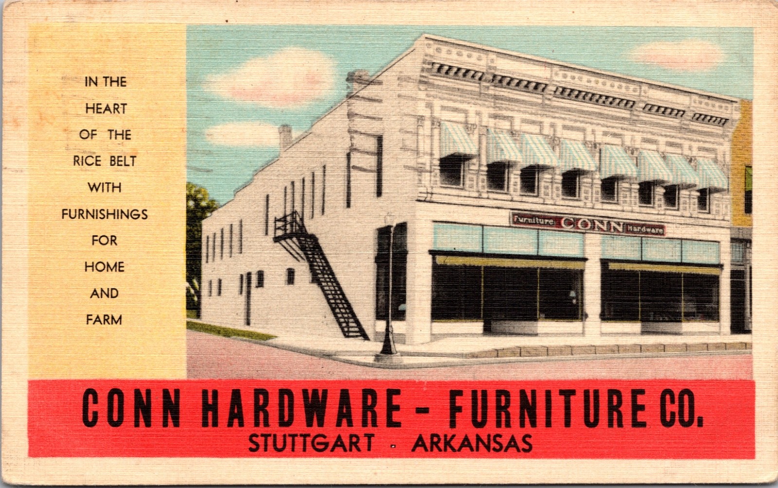 Conn Hardware Furniture Company Stuttgart Arkansas Storefront Postcard 1938