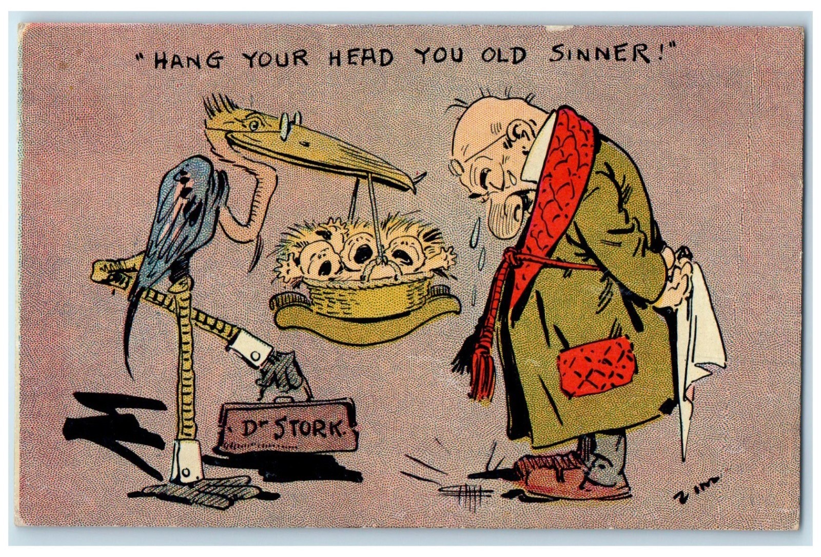 c1910s Dr. Stork Delivered Babies Hang Your Head You Old Sinner Antique Postcard c1910s Dr. Stork Delivered Babies Hang Your Head You Old Sinner Antique Postcard