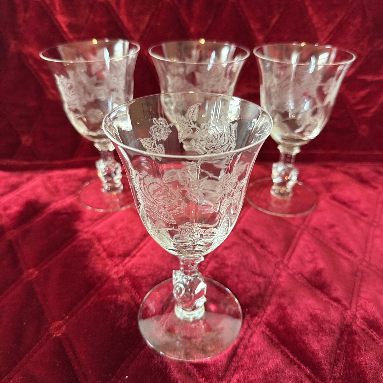 4 Vintage Heisey Rose Elegant Etched Crystal 6.5\ 4 Vintage Heisey Rose Elegant Etched Crystal 6.5\