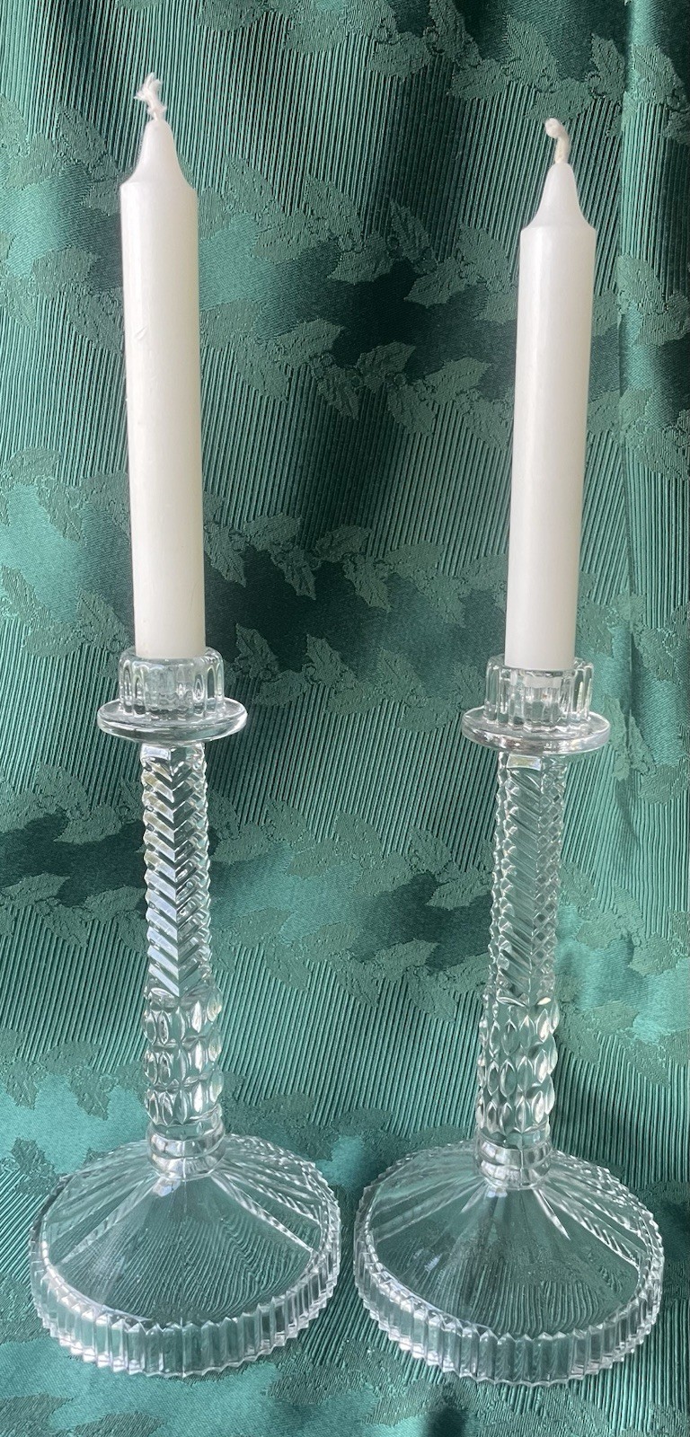 Clear Pair of Twisted Fluted Glass Candlesticks 9.25” Tall x 4.25” Vtg