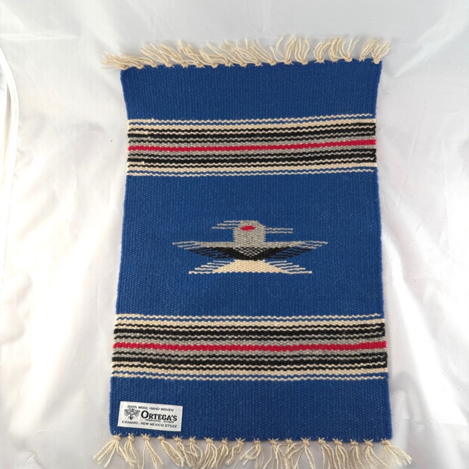 Vtg Ortegas Chimayo Hand Woven Wool Table Mat Thunderbird 10x15 Blue New Mexico