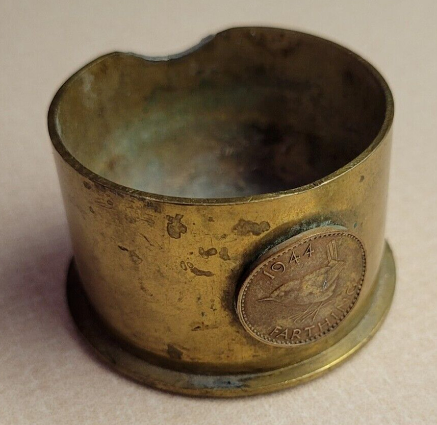 WWII 1943 Brass Shell Ashtray Trench Art  with 1944 Farthing Coin