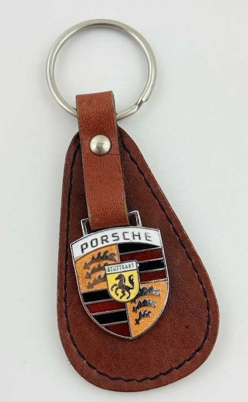Vintage Porsche 1970s Brown Leather Key Ring Chain Fob Keyring Stuttgart