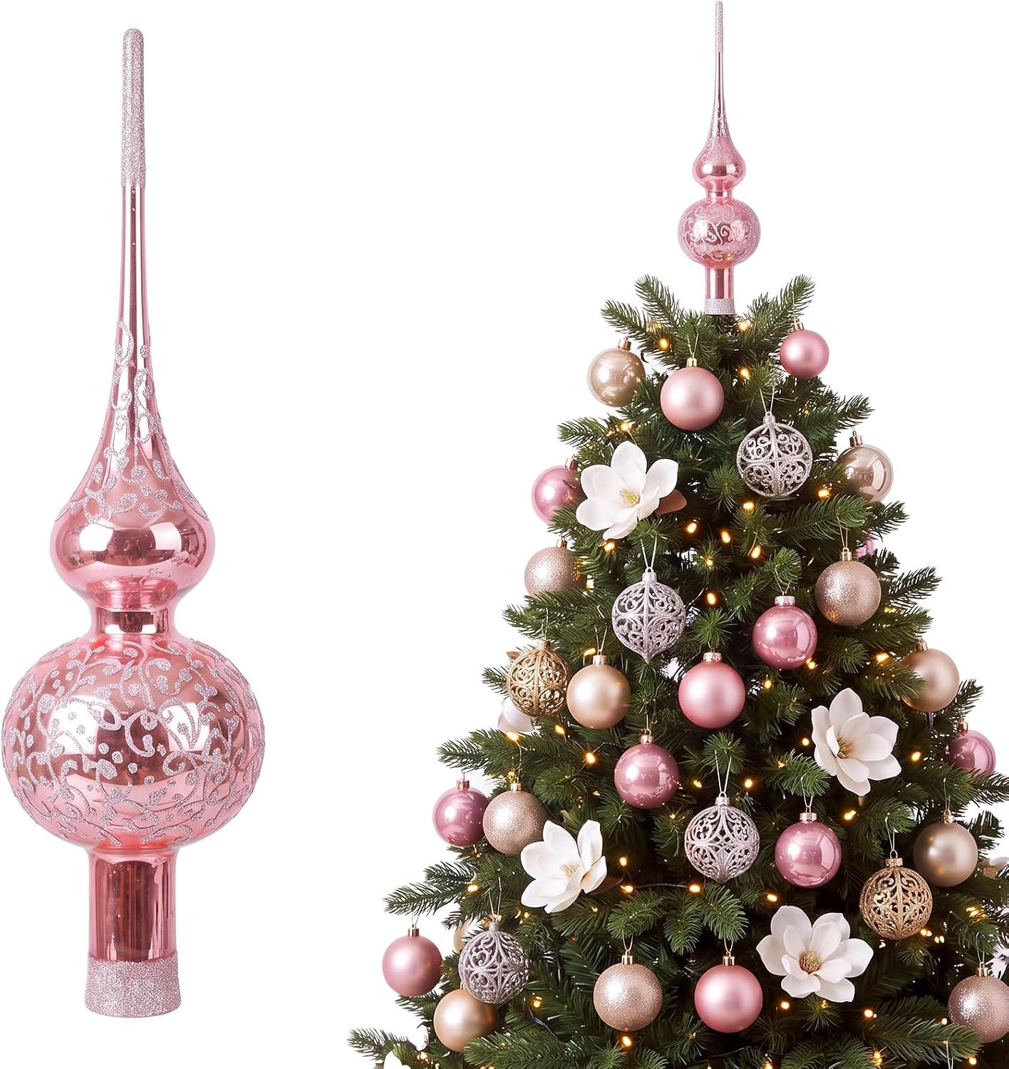 13 Inch Pink Glass Christmas Tree Topper Glitter, Mercury 13 Inch Pink Glass Christmas Tree Topper Glitter, Mercury