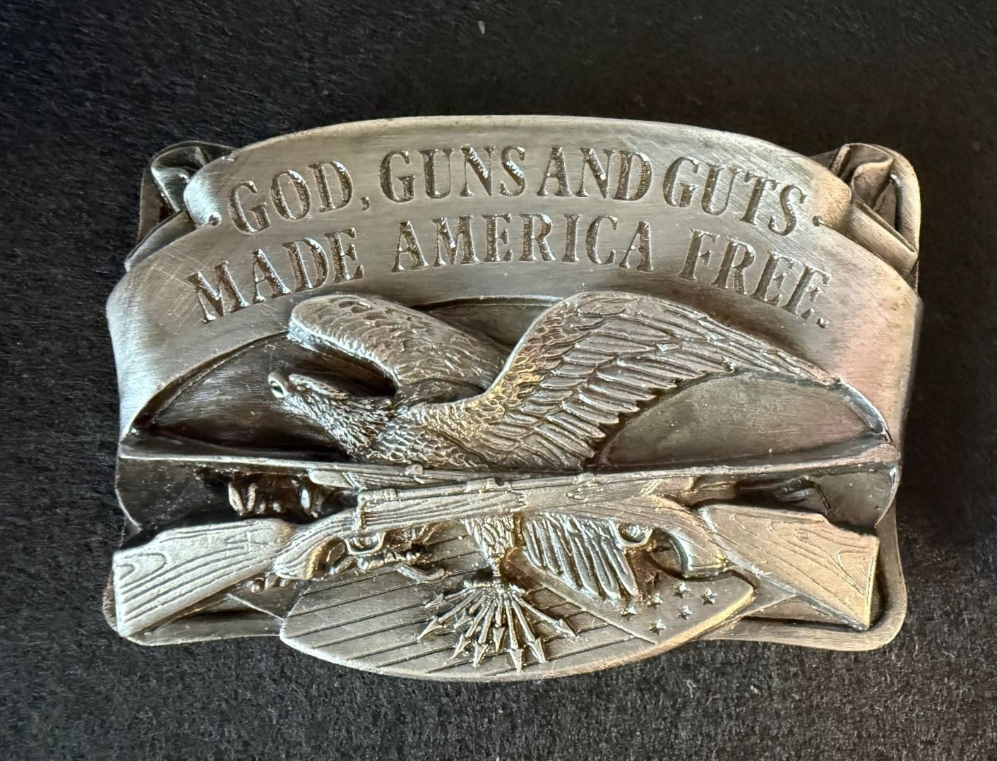 Vintage 1983 Siskiyou God Guns & Guts Made America Free Belt Buckle Q-27 Vintage 1983 Siskiyou God Guns & Guts Made America Free Belt Buckle Q-27