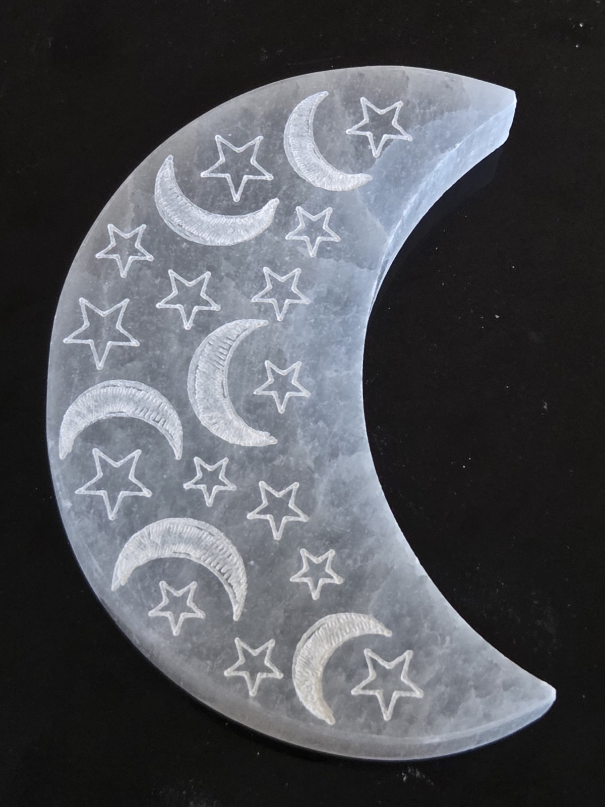 KCGS 10cm Selenite Crystal Crescent Moon (Moon & Stars Etched) MOROCCO 