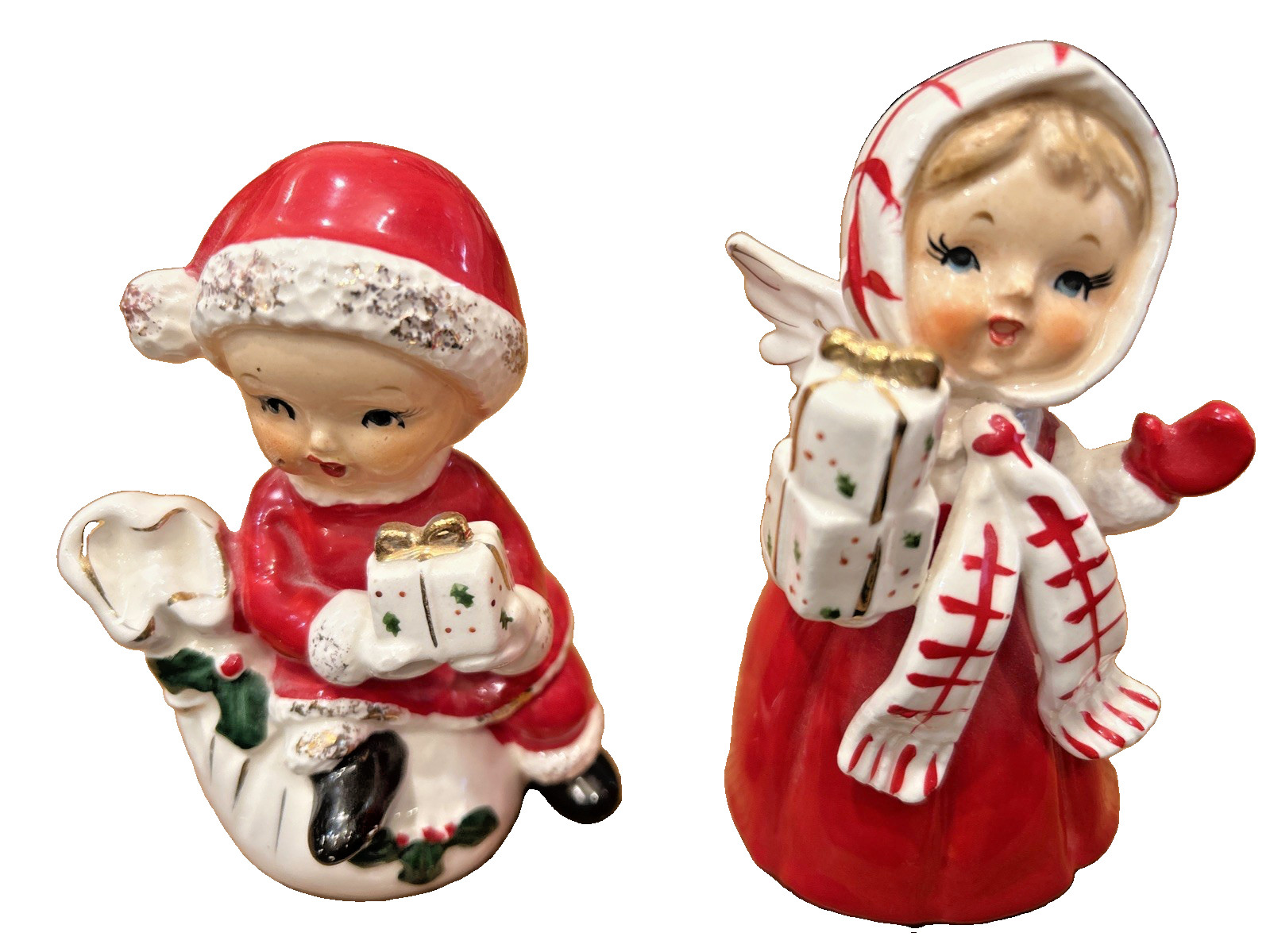 2 Vintage 1950s Ucagco Christmas Girls bearing gifts /4.5 inches tall/Japan 2 Vintage 1950s Ucagco Christmas Girls bearing gifts /4.5 inches tall/Japan