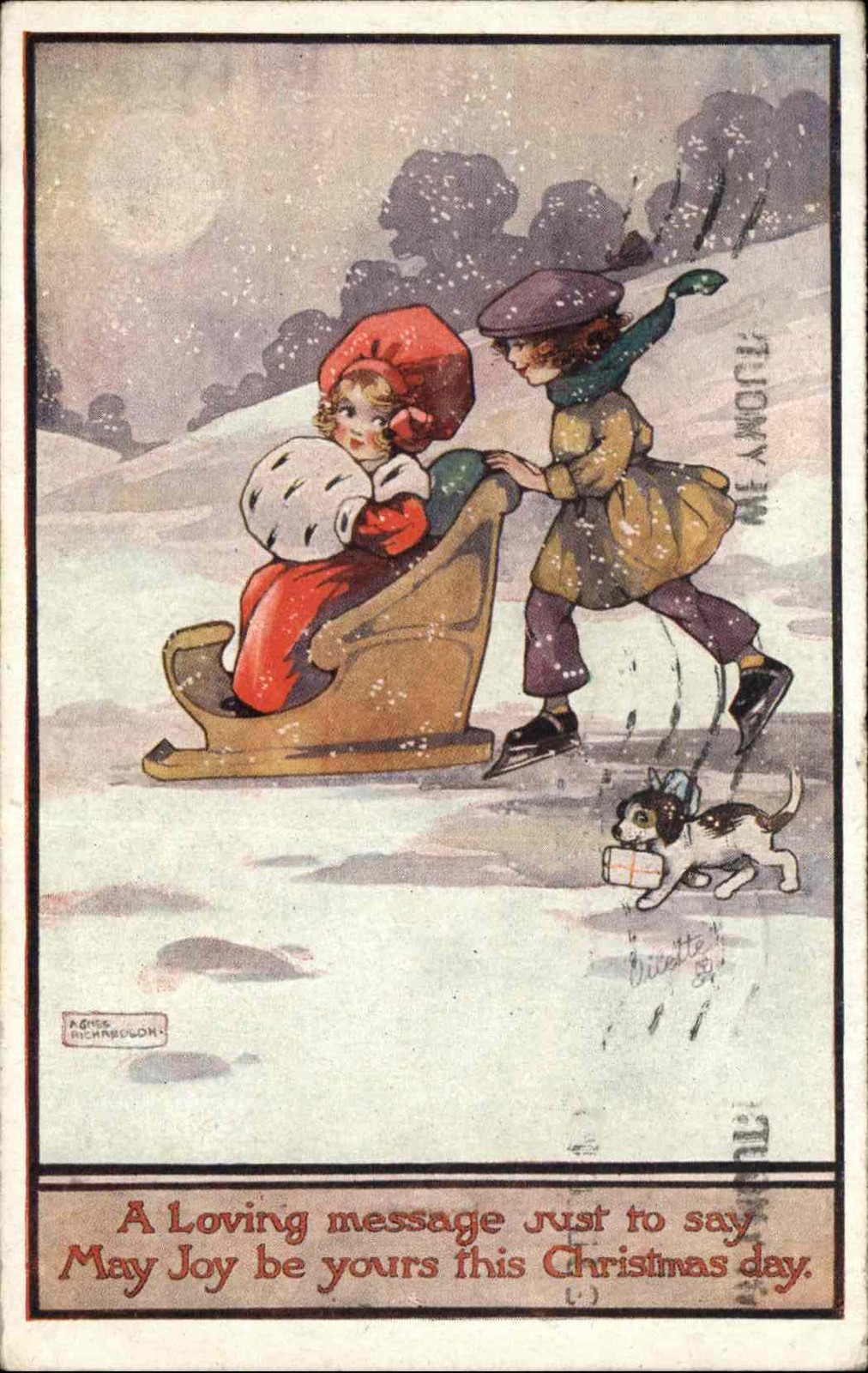 TUCK A/s AGNES RICHARDSON Little Girls in Sled Chair w Dog Antique Postcard