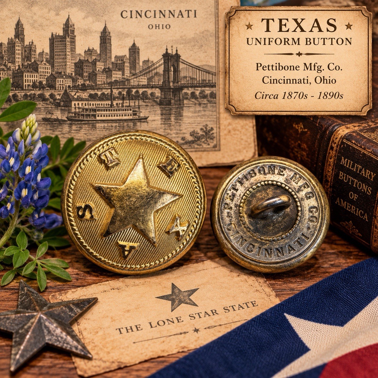 2 Post Civil War Texas Uniform Buttons  Albert TX35 Pettibone Mfg Co Cincinnati