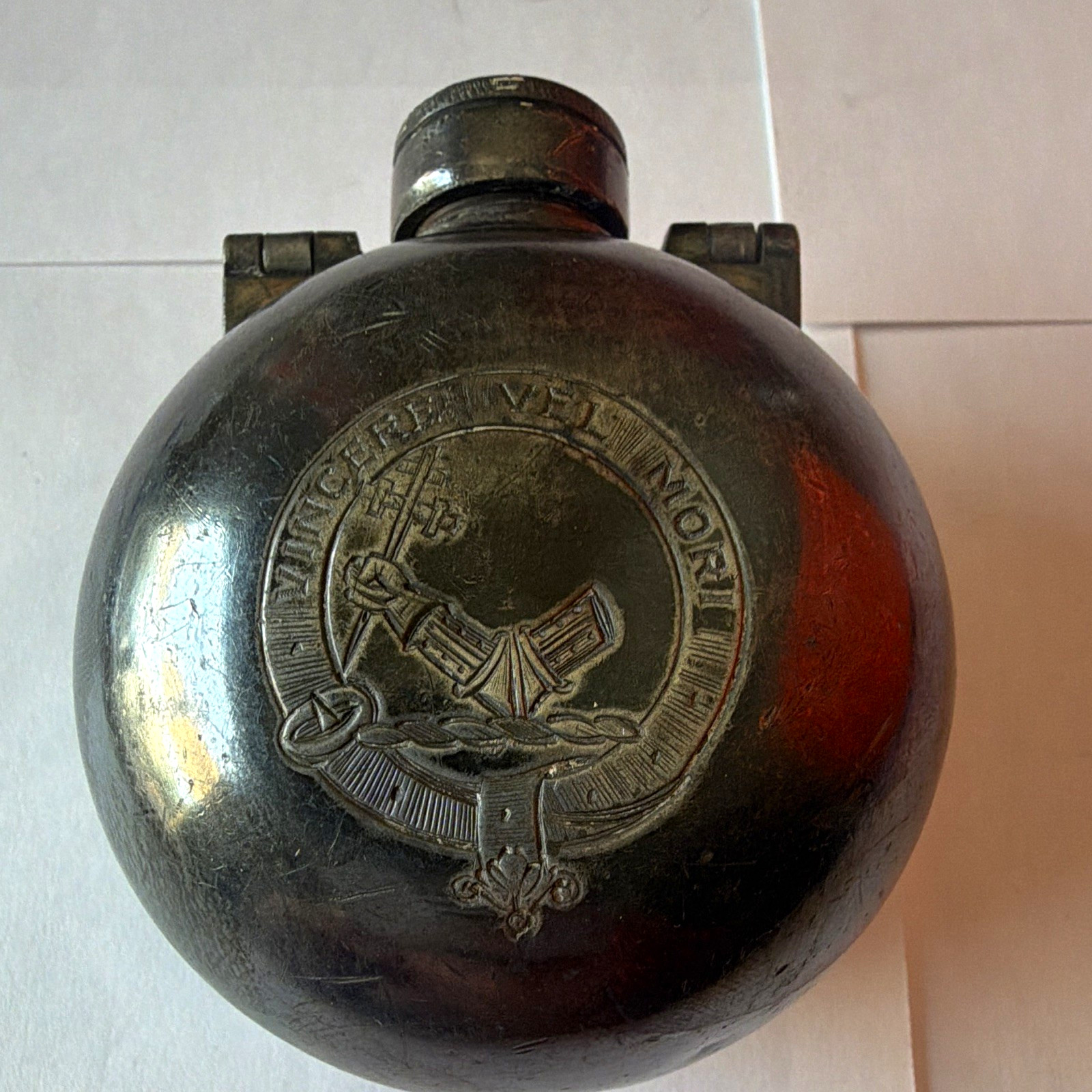 Vintage 1890s Round silver Flask w/ Hinged Handle, Embossed Crest & Monogram Vintage 1890s Round silver Flask w/ Hinged Handle, Embossed Crest & Monogram