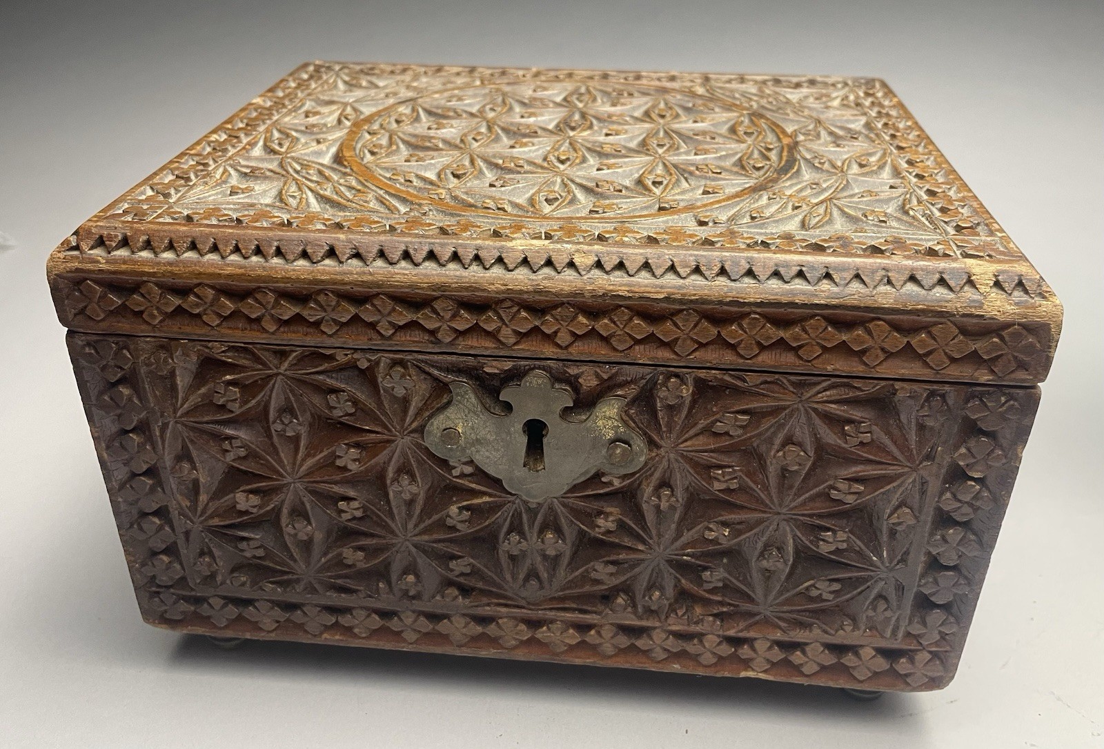 Antique Chip Carved Box With Brass Handles & Feet