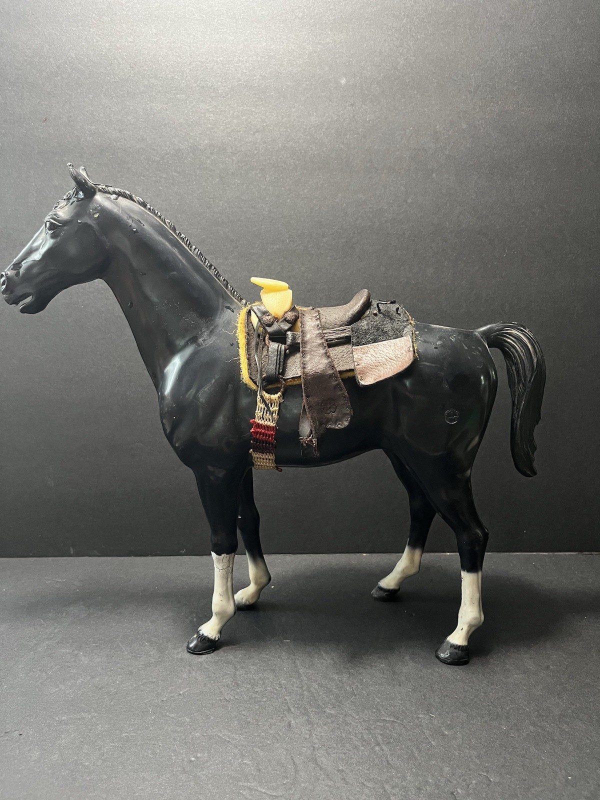 Vtg 1970s Marx Best of the West Black Thunderbolt Horse W/ Custom Saddle