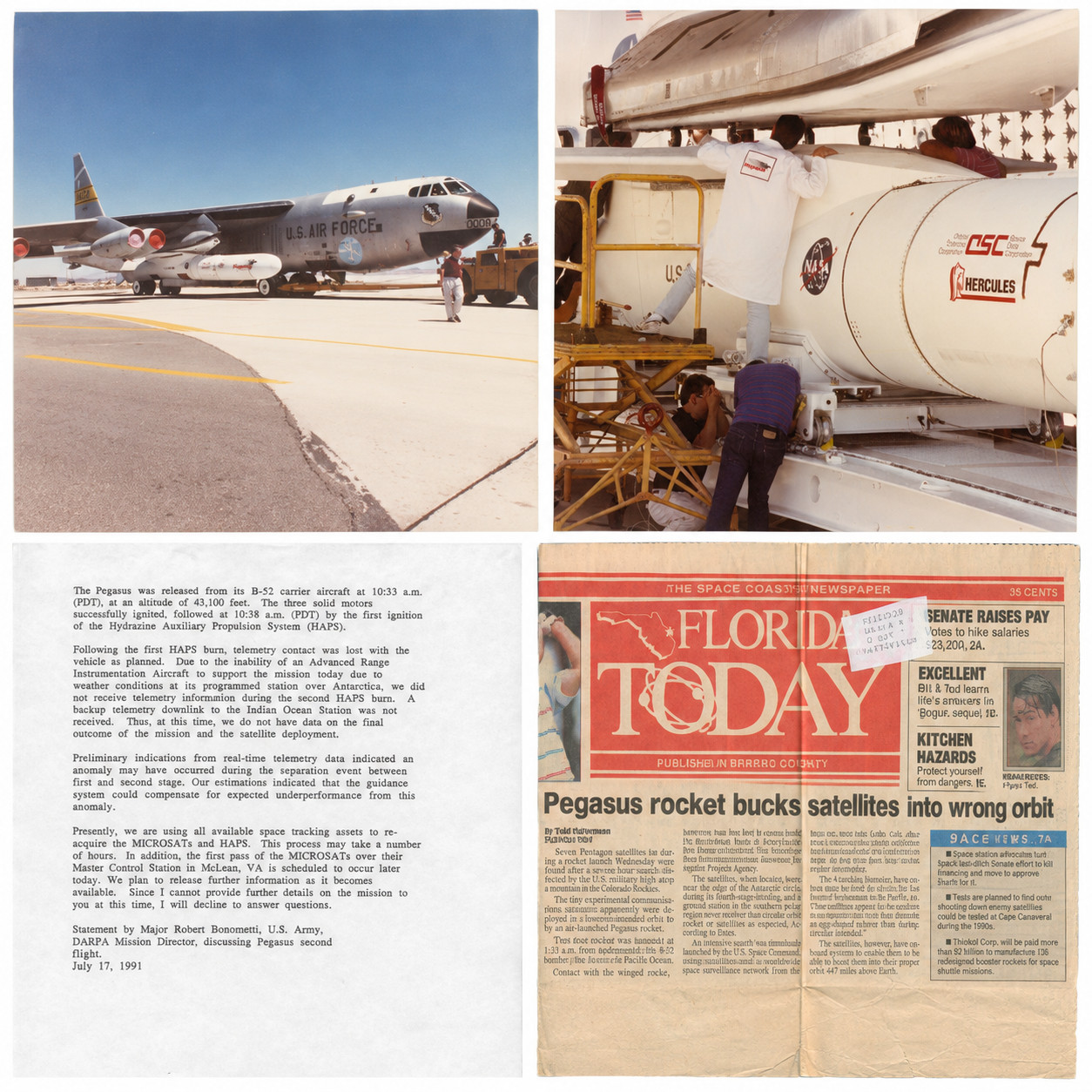 RARE NASA 2 Original Photos Pegasus Rocket Launch 1991 + Press Release Lot