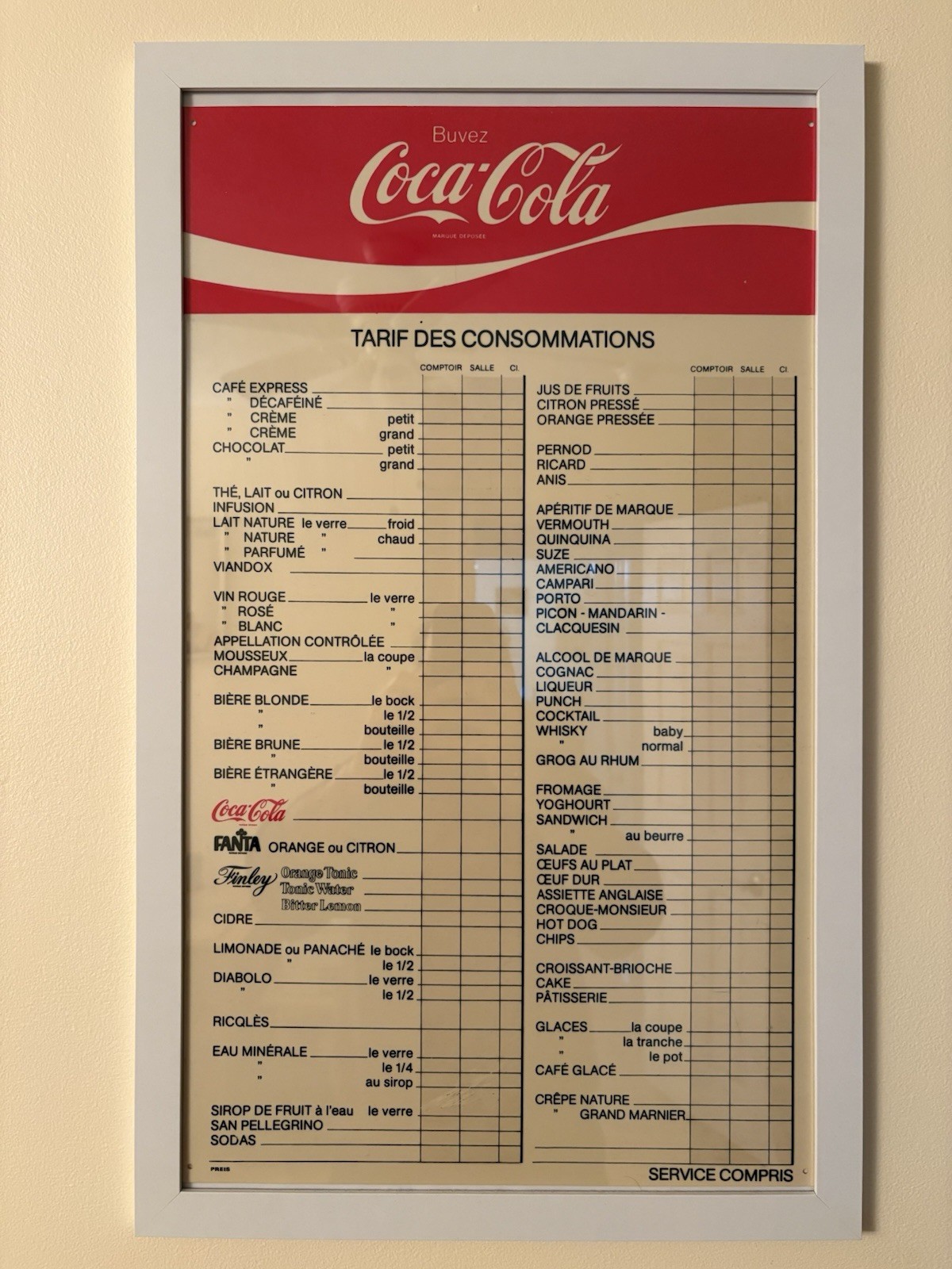 Vintage Coca Cola Menu Sign French
