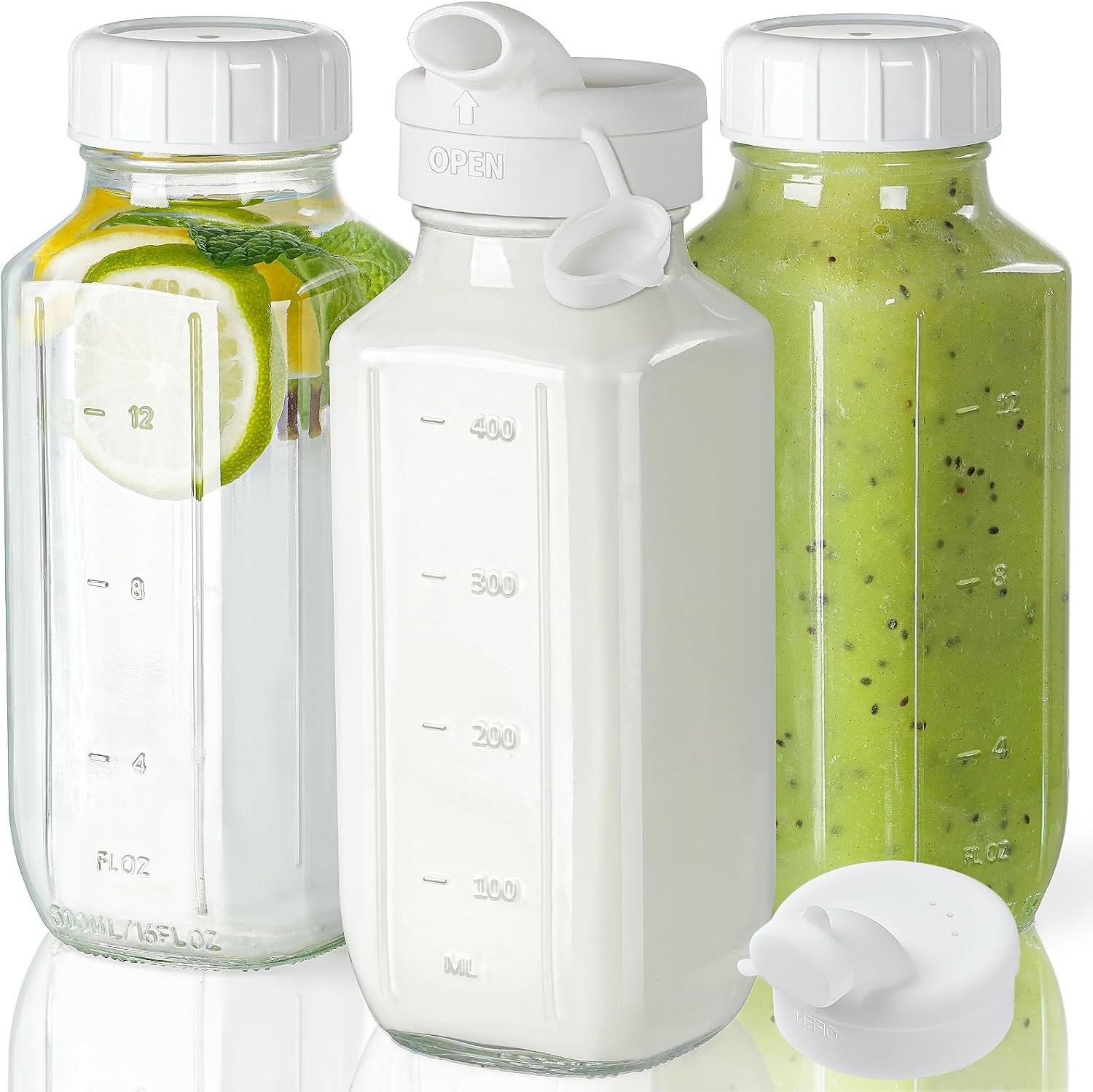 3 Pack 16 Oz Glass Juice Bottles with Lids & 2 Pour Spouts | Clear Reusable 3 Pack 16 Oz Glass Juice Bottles with Lids & 2 Pour Spouts | Clear Reusable
