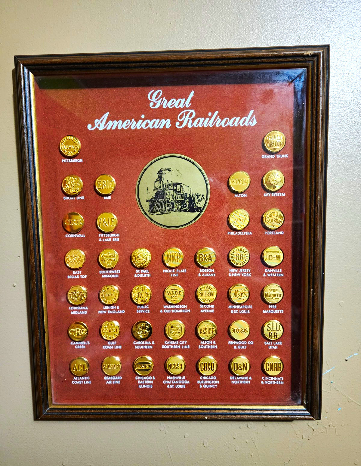 Framed Great American Railroads  Button Pin Display  24k Gold Plated