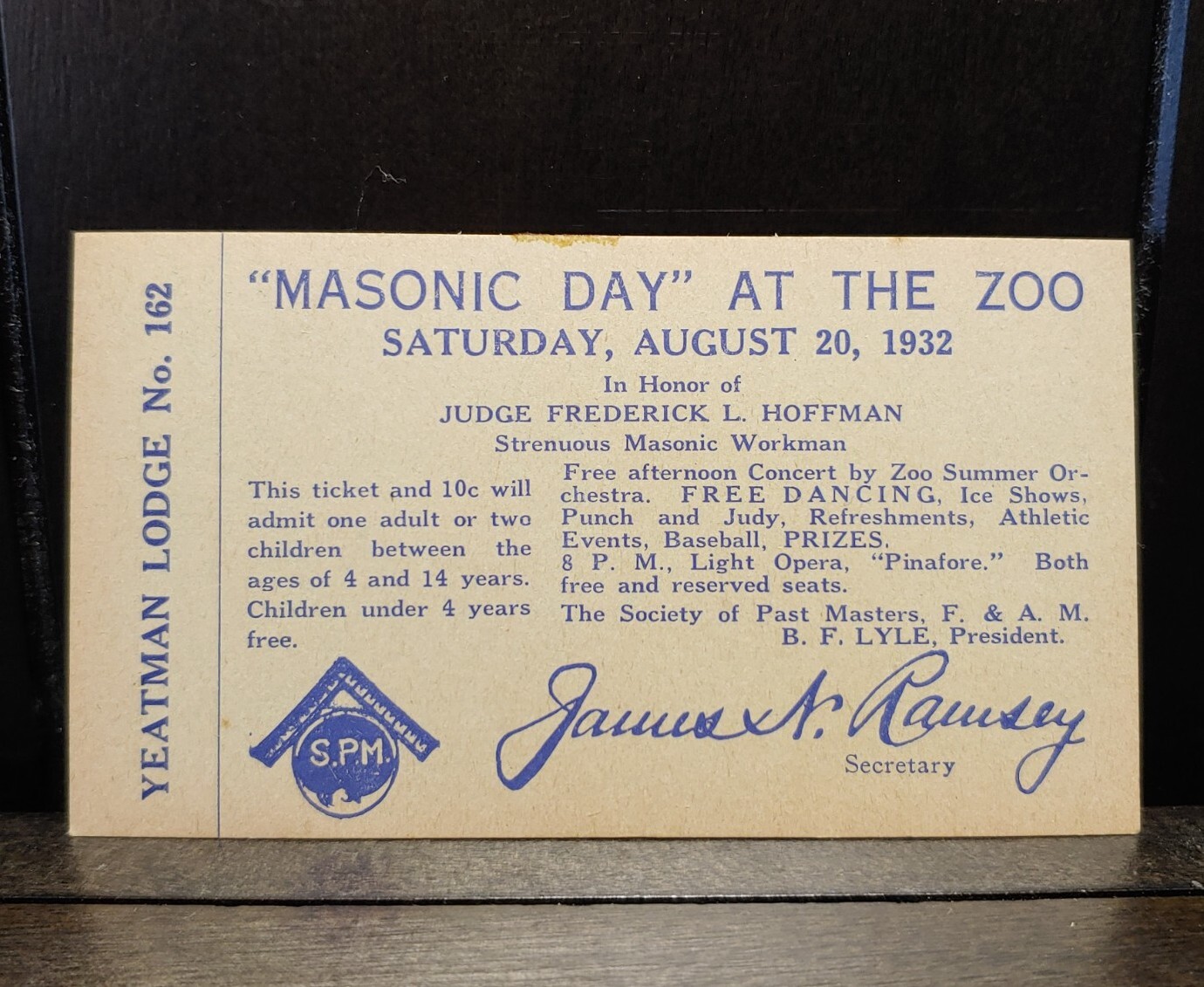 1932 Masonic Day At The Zoo Free Masons Cincinnati Ohio Ticket Admission Pass