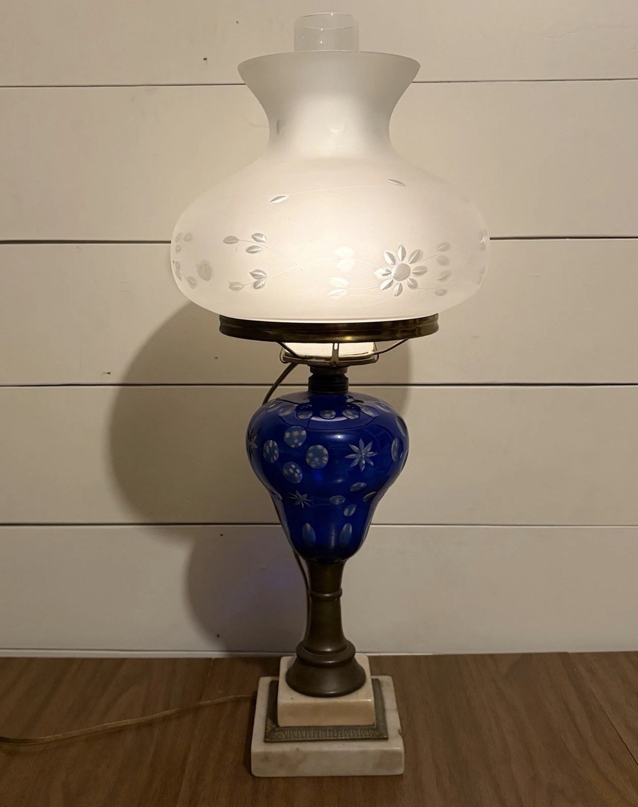 Antique Sandwich Glass Lamp Overlay Cobalt Blue with Marble Base & Etched Shade