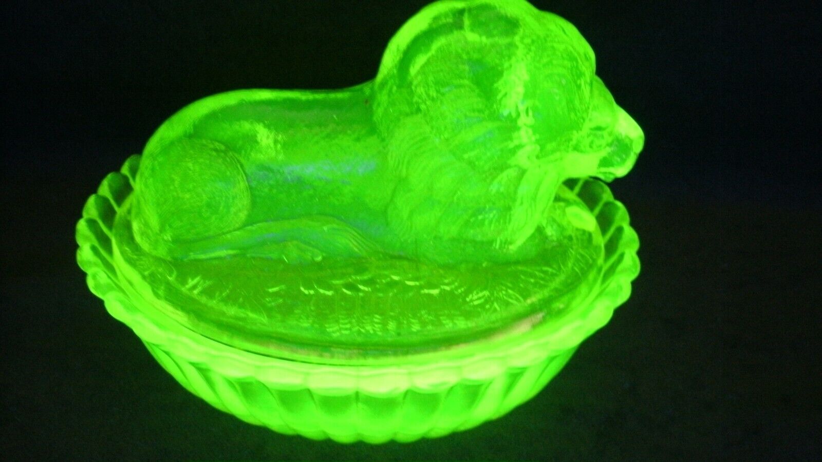 Vaseline Glass Lion Covered Candy Dish - Westmoreland Mould