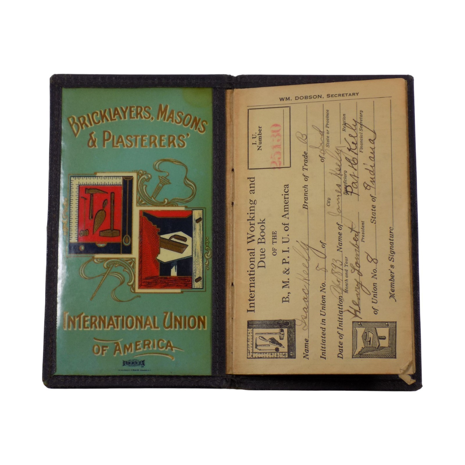 1916 VINTAGE BRICKLAYERS MASONS & PLASTERERS INTERNATIONAL UNION DUES BOOK #5275