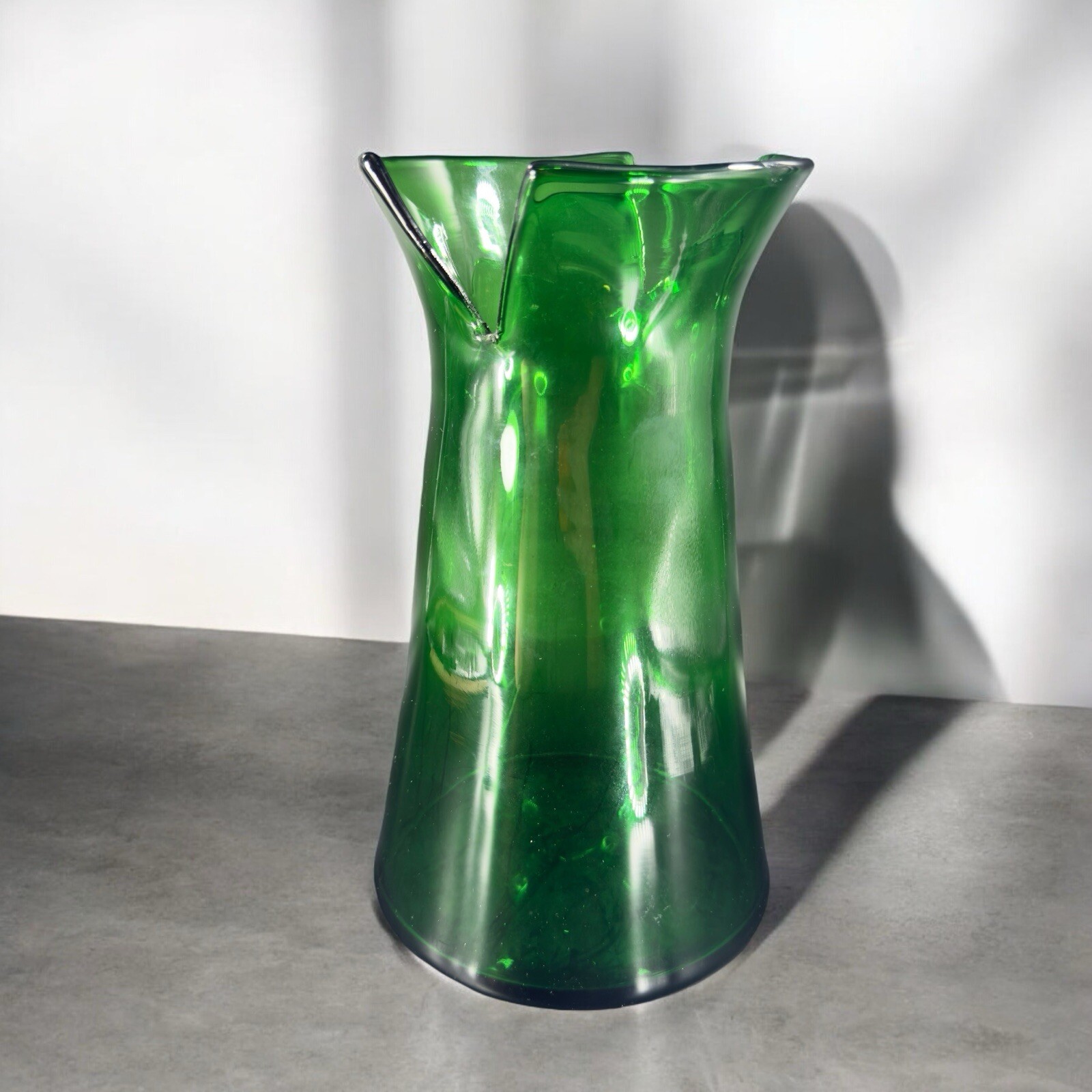 Blenko Emerald Green Hand Blown Glass Vase Hand Made Split Top Signed Glass