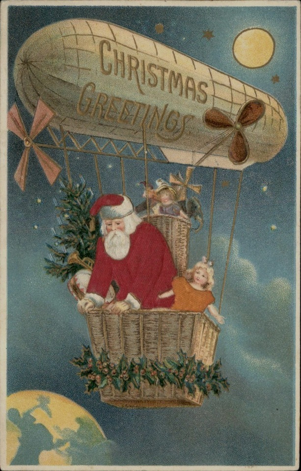 Rare~SIlk Santa Claus  in Hot Air Balloon Blimp Zeppelin Christmas Postcard~s261