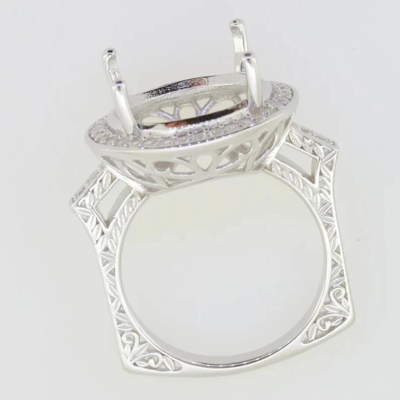 14K White Gold Over Semi Mount Ring Setting Round RD 15x15mm Halo With Diamonds