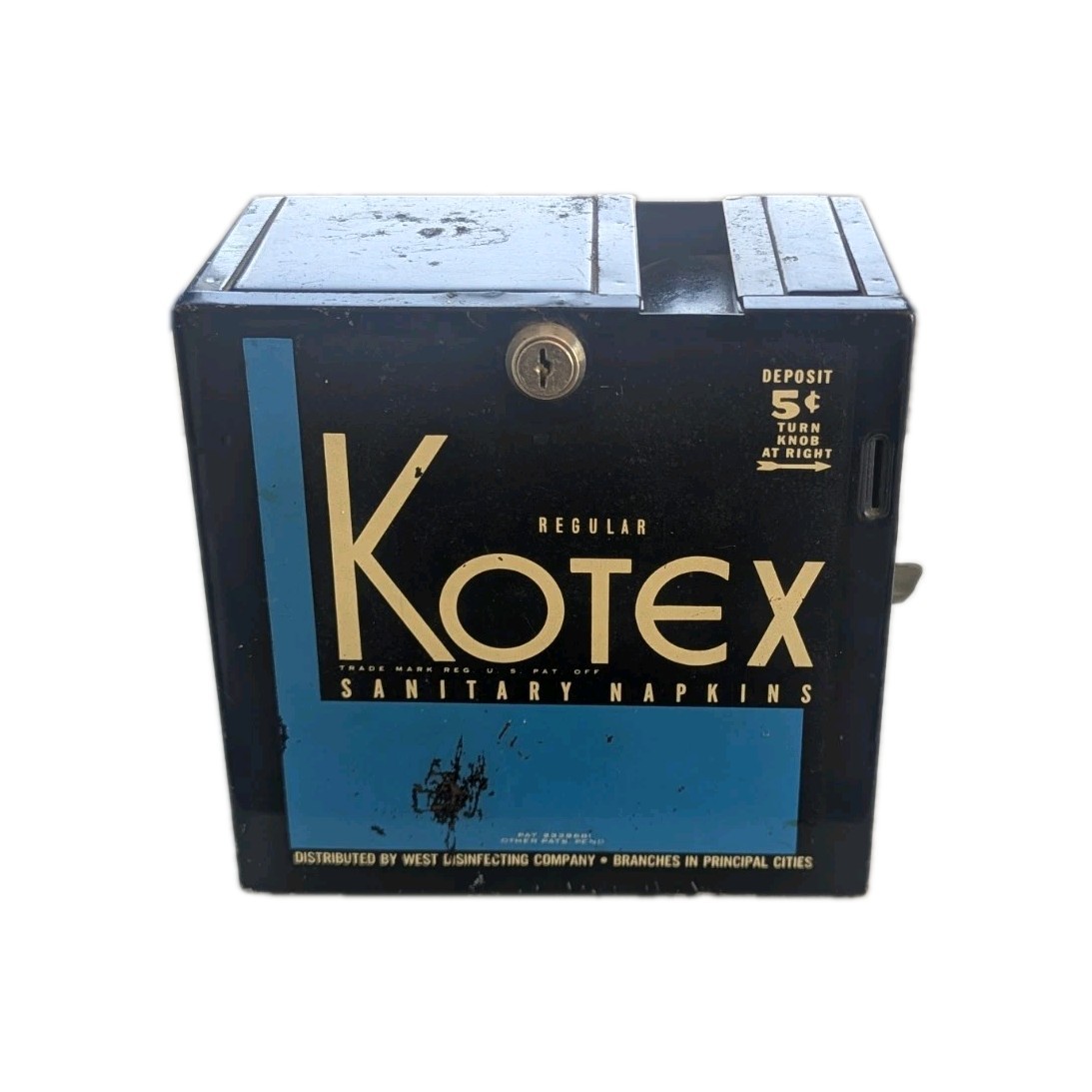 Vintage Kotex Vendor No. 5 Coin-Op Dispenser West Disinfecting Co. 5 Cent Blue Vintage Kotex Vendor No. 5 Coin-Op Dispenser West Disinfecting Co. 5 Cent Blue