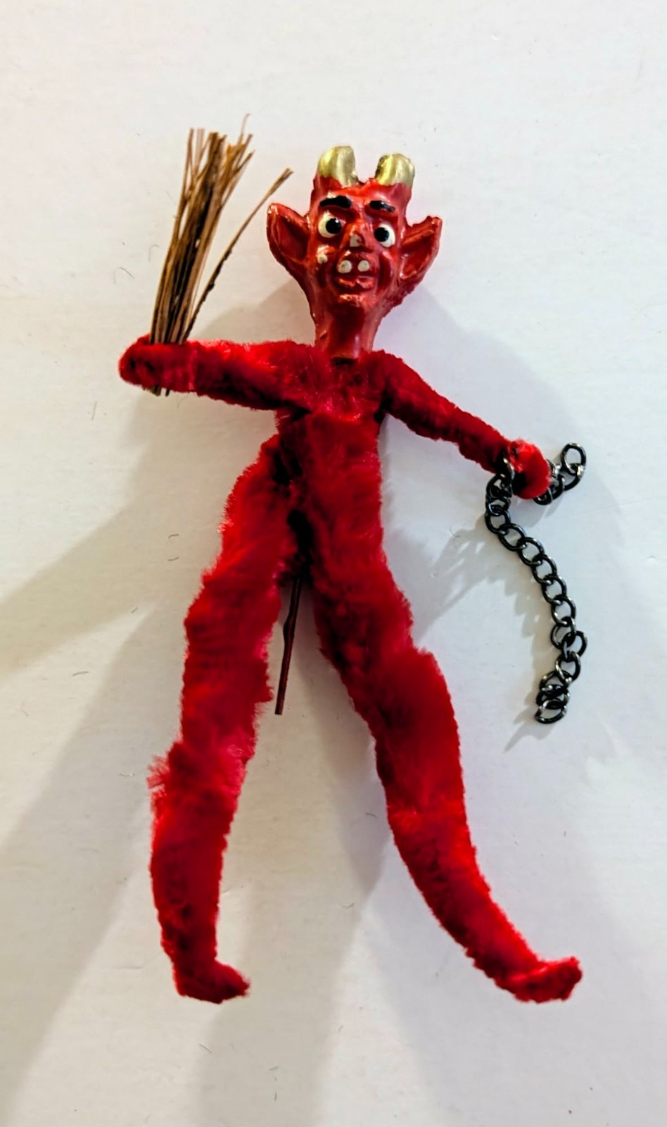 Vintage Mid Century Austrian Krampus Devil Chenille Figure Straw Broom Chain